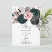 Soft Pink & Black Floral Greenery White Wedding Kaart (Staand voorkant)