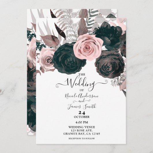 Soft Pink & Black Floral Greenery White Wedding Kaart (Voorkant / Achterkant)