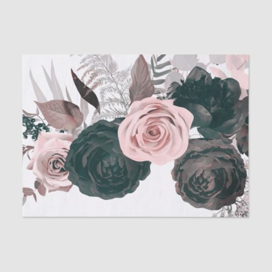 Soft Pink & Black Floral Greenery White Wedding Tissuepapier (Voorkant)