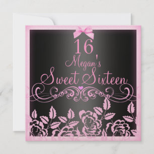 Soft Pink & Black Roos Sweet16 Verjaardag Uitnodig Kaart