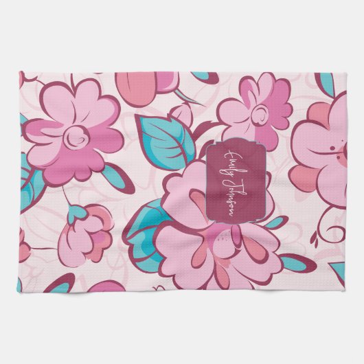 Soft Pink Bloom Floral Pattern Custom Name Theedoek (Horizontaal)