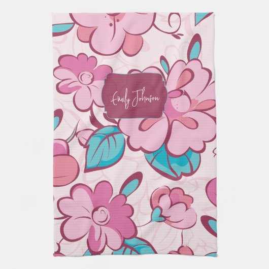 Soft Pink Bloom Floral Pattern Custom Name Theedoek (Verticaal)