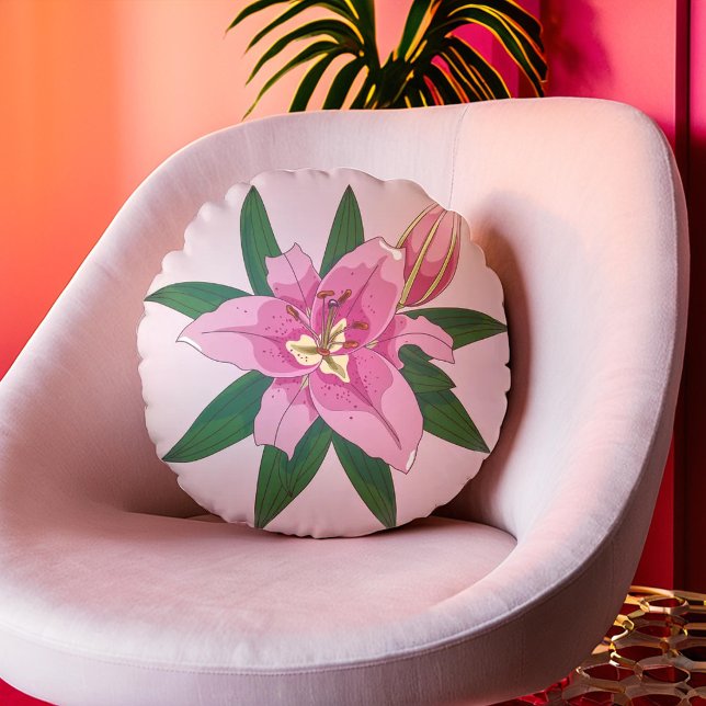 Soft Pink Blooming Lily Round Pillow Rond Kussen (Soft Pink Blooming Lily Round Pillow)