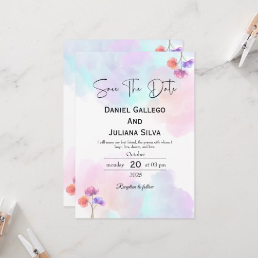 Soft Pink & Blue Waterverf huwelijksuitnodigingen Kaart (Voorkant / Achterkant in situ)