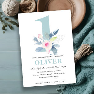 SOFT PINK BLUSH BLUE FLORAL 1st ELKE LEEFTIJD BIRT Kaart