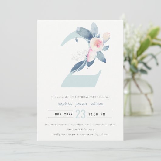 SOFT PINK BLUSH BLUE FLORAL 2nd ANY AGE BIRTHDAY Kaart (Staand voorkant)