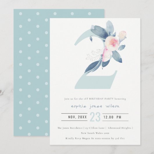 SOFT PINK BLUSH BLUE FLORAL 2nd ANY AGE BIRTHDAY Kaart (Voorkant / Achterkant)