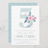 SOFT PINK BLUSH BLUE FLORAL 5TH ELKE LEEFTIJD BIRT KAART (Voorkant / Achterkant)