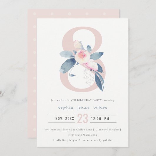 SOFT PINK BLUSH BLUE FLORAL 8TH ELKE LEEFTIJD BIRT KAART (Voorkant / Achterkant)