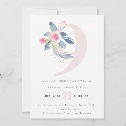 SOFT PINK BLUSH BLUE FLORAL 9TH ELKE LEEFTIJD BIRT KAART (Voorkant)