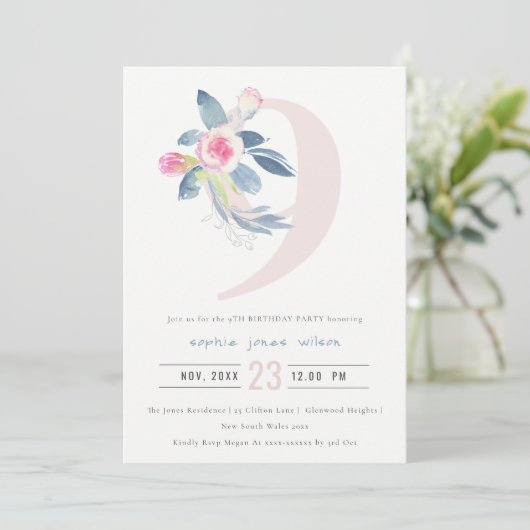 SOFT PINK BLUSH BLUE FLORAL 9TH ELKE LEEFTIJD BIRT KAART (Staand voorkant)