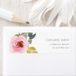 SOFT PINK BLUSH ROOS WATERVERF FLORAL ADRES ETIKET