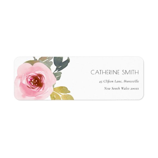 SOFT PINK BLUSH ROOS WATERVERF FLORAL ADRES ETIKET (Voorkant)