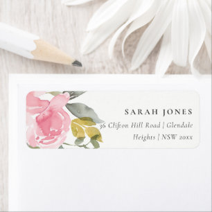 SOFT PINK BLUSH ROOS WATERVERF FLORAL ADRES ETIKET