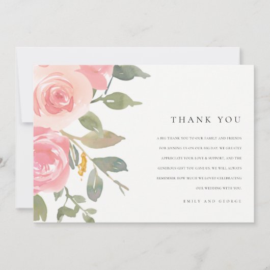 SOFT PINK BLUSH ROOS WATERVERF FLORAL WEDING BEDANKKAART (Voorkant)