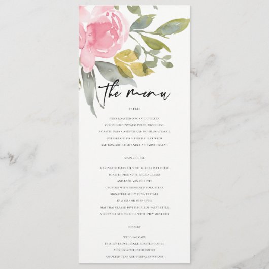 SOFT PINK BLUSH ROOS WATERVERF FLORAL WEDING MENU (Voorkant)