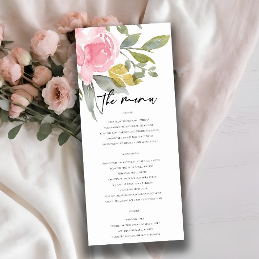 SOFT PINK BLUSH ROOS WATERVERF FLORAL WEDING MENU