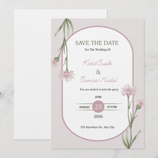 Soft Pink Botanical Wedding Invitation Kaart (Voorkant / Achterkant)