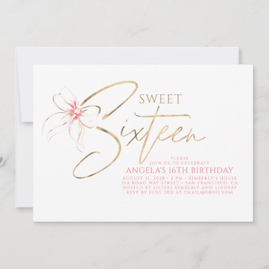 Soft Pink Bow Elegant Romantic Sweet 16th Birthday Kaart (Voorkant)