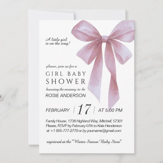 Soft Pink Bow Girl Baby Shower Kaart (Voorkant)
