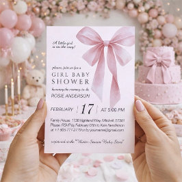 Soft Pink Bow Girl Baby Shower Kaart