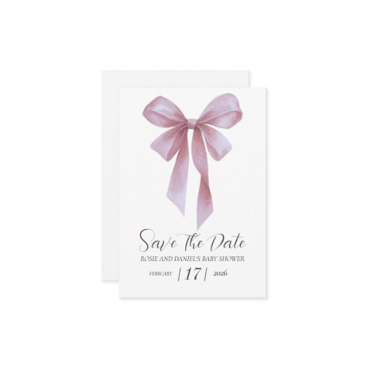 Soft Pink Bow Girl Baby Shower Save The Date (Voorkant / Achterkant in situ)