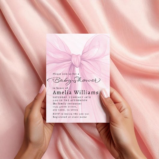 Soft Pink Bow Script Baby Shower Invite Kaart