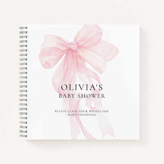 Soft Pink Bow Text Overlay Baby Shower Guest Book Notitieboek (Voorkant)