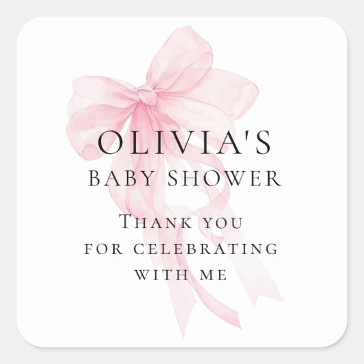 Soft Pink Bow Text Thank You Baby Shower Vierkante Sticker (Voorkant)