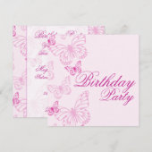 Soft Pink Butterfly Verjaardag Uitnodiging (Voorkant / Achterkant)