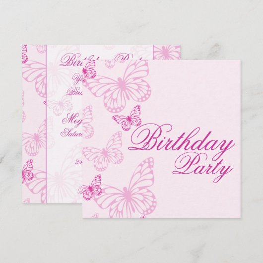 Soft Pink Butterfly Verjaardag Uitnodiging (Voorkant / Achterkant)