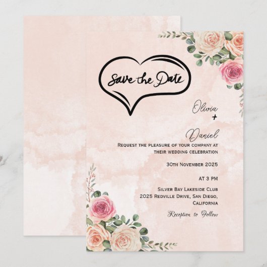 Soft Pink Cream Floral Wedding Save the Date  Kaart (Voorkant / Achterkant)