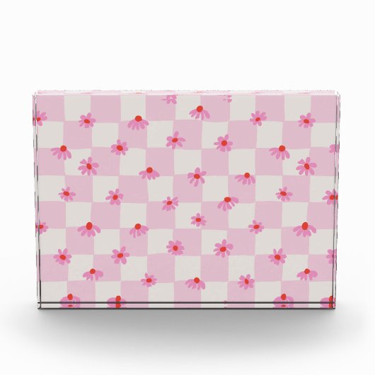 Soft Pink Daisy Checkerboard Floral Pattern Fotoblokken (Voorkant)