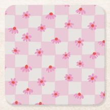 Soft Pink Daisy Checkerboard Floral Pattern