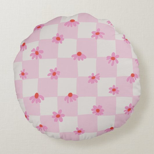 Soft Pink Daisy Checkerboard Floral Pattern Rond Kussen (Achterkant)