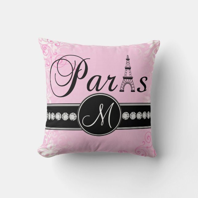 Soft Pink Damask Black Paris Monogram Pillow Kussen (Voorkant)