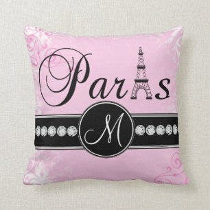 Soft Pink Damask Black Paris Monogram Pillow Kussen