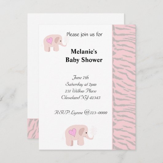 Soft Pink Elephant Baby shower Invitation Kaart (Voorkant / Achterkant)