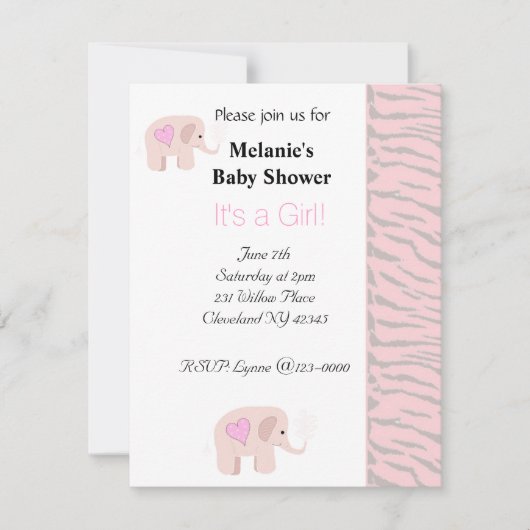Soft Pink Elephant Baby shower Invitation Kaart (Voorkant)