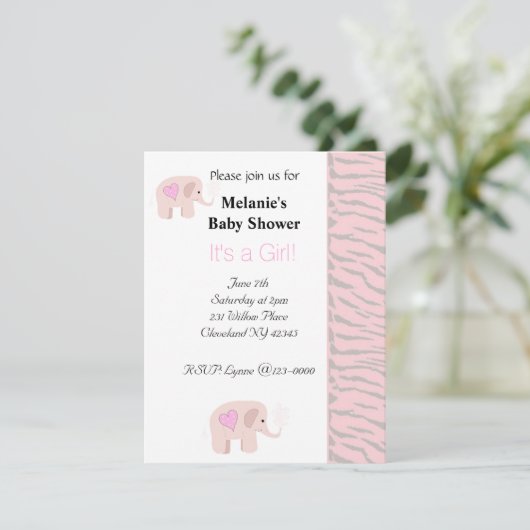 Soft Pink Elephant Baby shower Invitation Kaart (Staand voorkant)