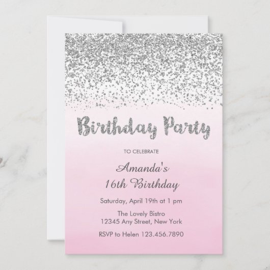Soft Pink en Silver Birthday Uitnodiging (Voorkant)