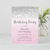Soft Pink en Silver Birthday Uitnodiging (Staand voorkant)