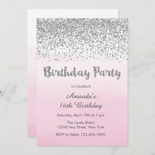 Soft Pink en Silver Birthday Uitnodiging (Voorkant / Achterkant)