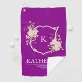Soft Pink Feminine Botanical Crest Purple Monogram Golfhanddoek (Insitu)