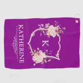 Soft Pink Feminine Botanical Crest Purple Monogram Golfhanddoek (Horizontaal)