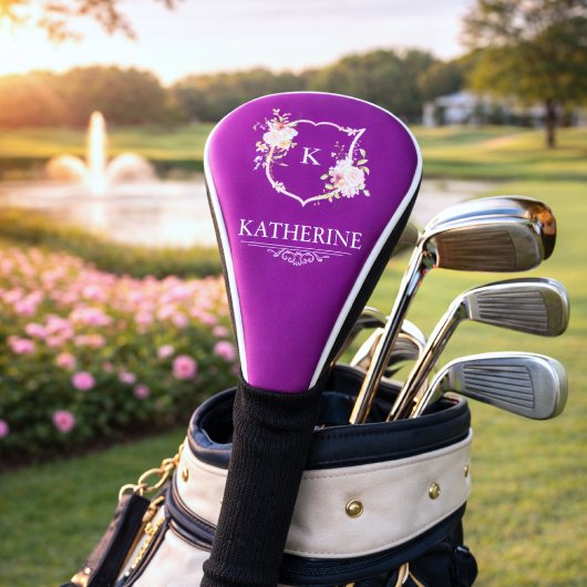 Soft Pink Feminine Botanical Crest Purple Monogram Golfheadcover