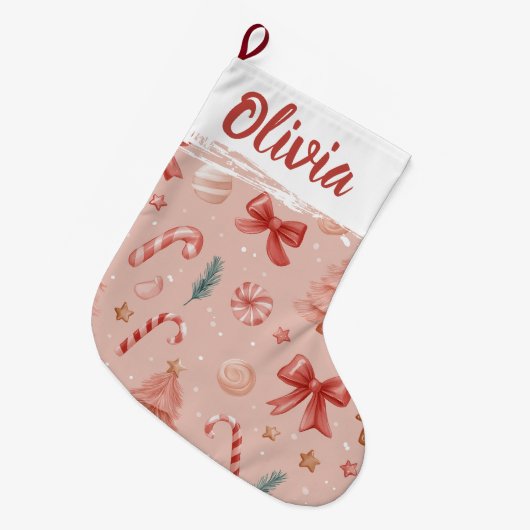 Soft Pink Festive Pattern Christmas Stocking Grote Kerstsok (Voorkant (Hangend))