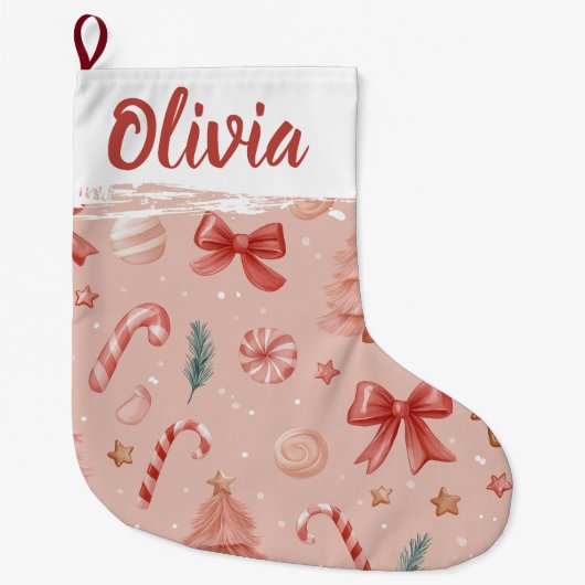 Soft Pink Festive Pattern Christmas Stocking Grote Kerstsok (Voorkant)