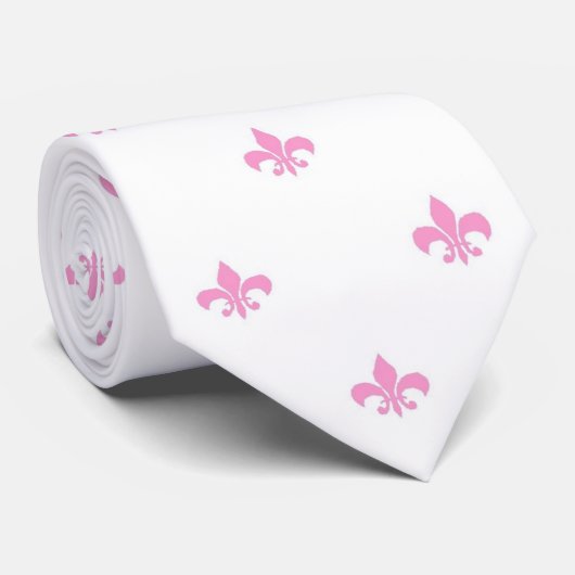 Soft Pink Fleur de Lis op White Wedding Stropdas (Opgerold)