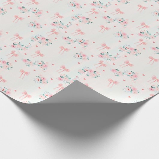 Soft Pink Floral & Bow Pattern – Cute Romantic  Cadeaupapier (Hoek)
